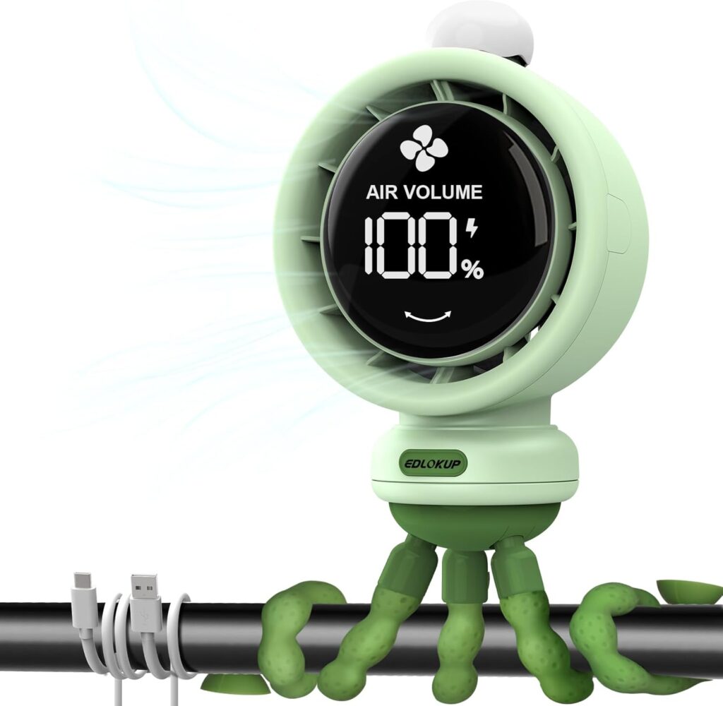 Portable Stroller Fan, Bladeless Fan, Battery Rechargeable Car Seat Cooling Fans, Automatic Oscillating Clip On Fans with Air Turbo Tech, LED Night Light, Suitable for Crib Travel Bike (Green)