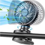 Portable Clip on Stroller Fan, 180° Auto Oscillating, Powerful 4 Speeds, 10000mAh USB Rechargeable Mini Personal Cooling Fan for Desk Home Office Stroller Accessories Camping Outdoor – Black