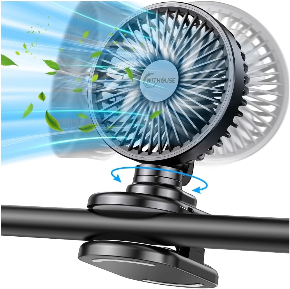 Portable Clip on Stroller Fan, 180° Auto Oscillating, Powerful 4 Speeds, 10000mAh USB Rechargeable Mini Personal Cooling Fan for Desk Home Office Stroller Accessories Camping Outdoor – Black