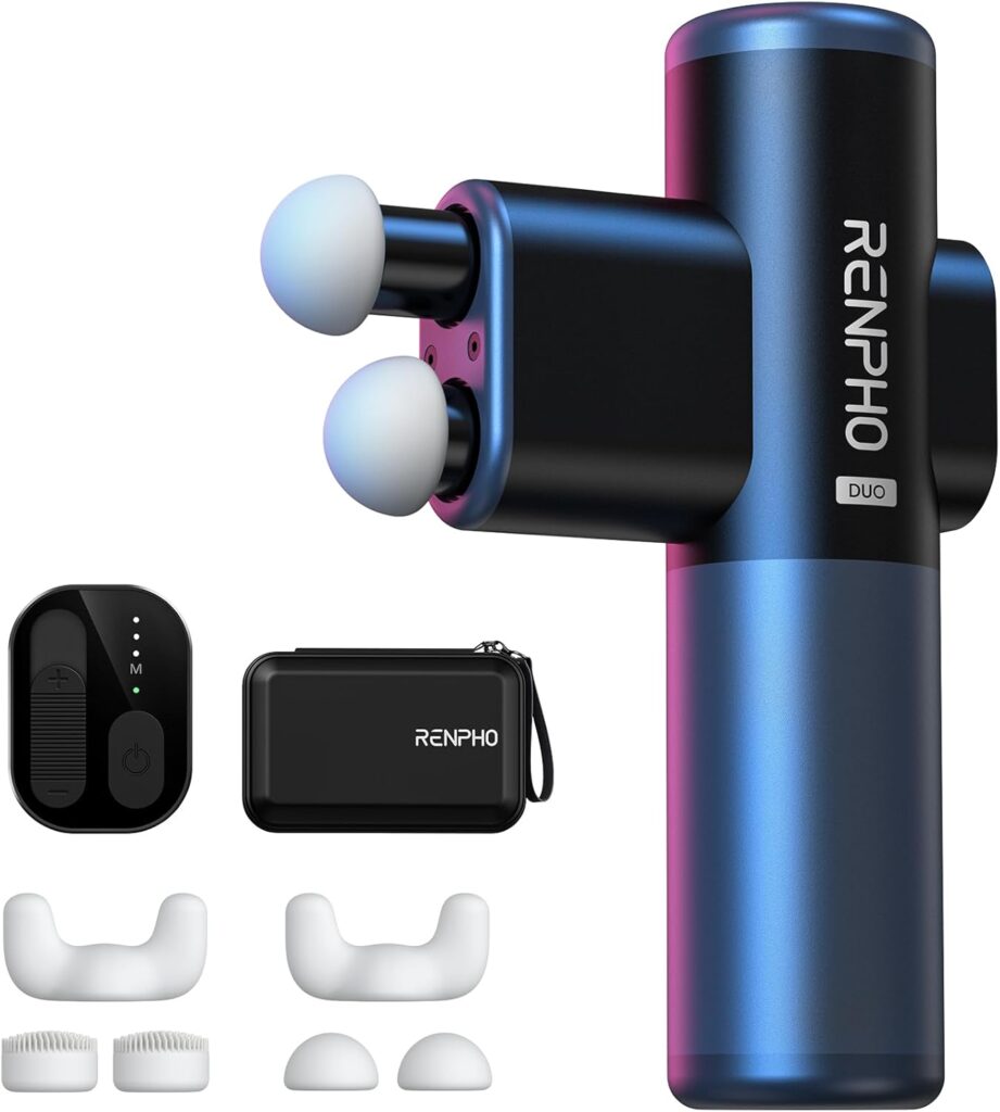 RENPHO Duo Mini Massage Gun with Double Heads, Deep Tissue Percussion Massager for Travel Use, Silicone Casings 3 Modes with Seamless Speed Handheld Massage Gun