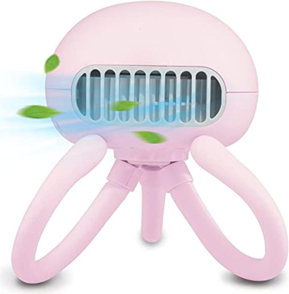 Portable Bladeless Fan – Mini Handheld Fan with Flexible Tripod, Clip-on for Stroller, Car Seat, Crib, Bike and Desktop – 3 Speeds, Rechargeable Battery Operated (Pink)