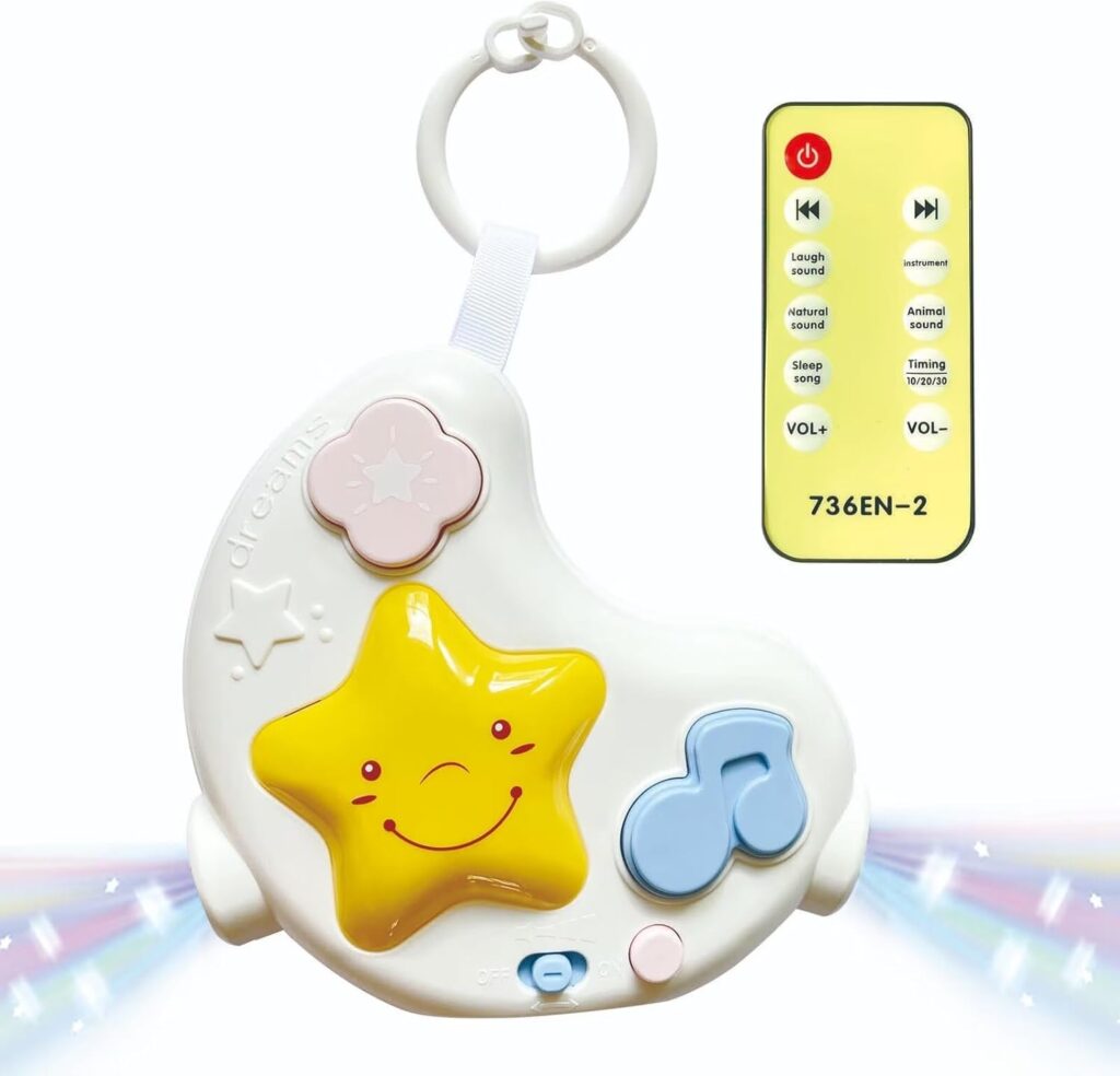 White Noise Machine and Baby Soother with Remote, 108 Lullaby Music, Soothing Sounds and Night Light for Newborn Nursery Sleeping, Musical Crib Toy, Portable Baby Sound Machine for Travel