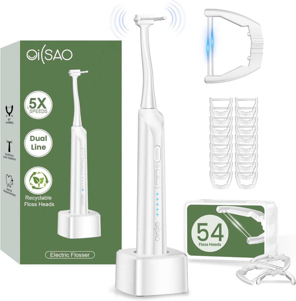 Electric Flosser for Teeth & Adults with 54 Refill Heads + 5 Speeds, Gentle Gliding Floss for Sensitive Gum Care,Water Flosser Alternative,Sonic Oscillation Deep Cleaning for Plaque,No Break