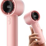 SWEETFULL Portable Handheld Fan Rechargeable – 6 Gear High Speed Powerful Mini Turbo Fan with Flashlight, Digital Display, Personal Fans Blow Cold Air for Travel Essentials, Gift for Women Men (Pink)