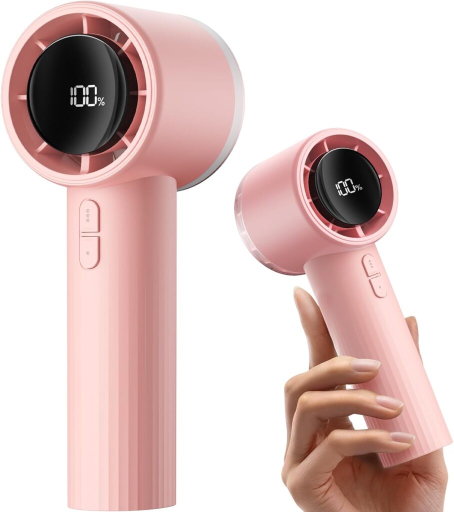 SWEETFULL Portable Handheld Fan Rechargeable – 6 Gear High Speed Powerful Mini Turbo Fan with Flashlight, Digital Display, Personal Fans Blow Cold Air for Travel Essentials, Gift for Women Men (Pink)
