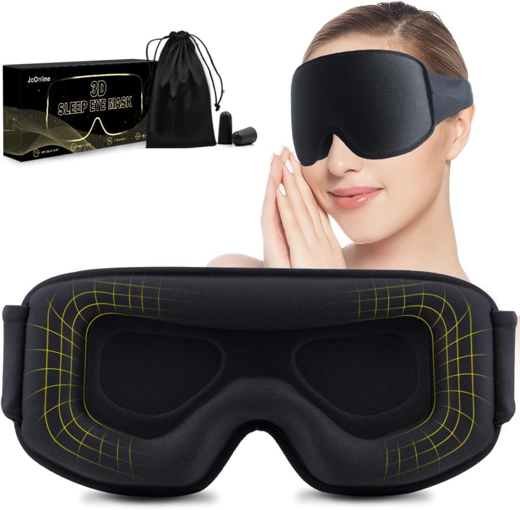 Widened 3D Sleep Mask for Big Head Lash Extensions, 100% Blackout Eye Mask for Sleep, Washable Soft Light Sleeping Mask with Adjustable Strap for Men, 0 Pressure Eye Cover with Earplug (Black)