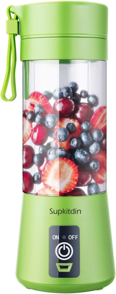 Portable, Personal Mixer Rechargeable with USB, Mini Blender for Smoothie, Fruit Juice, Milk Shakes, 380ml, Six 3D Blades for, 9.12×3.25×3.25 inch, Green