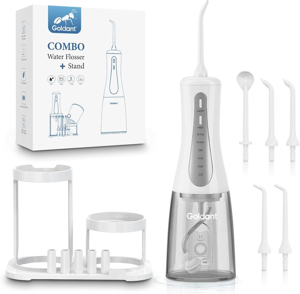 350ML Water Dental Flosser Teeth with Stand Convenient Storage, 5 Modes Portable Cordless Oral Irrigator, Electric Rechargeable IPX7 Waterproof for Home Travel Teeth Cleaning (White)