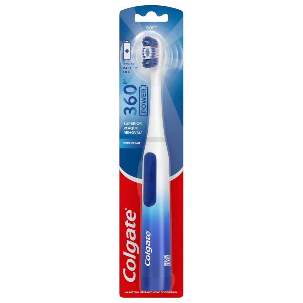 Colgate 360 Power Deep Clean Battery Operated Sonic Toothbrush, Soft Adult Toothbrush, Includes 1 AA Battery, Rubber Polisher, and Tongue and Cheek Cleaner