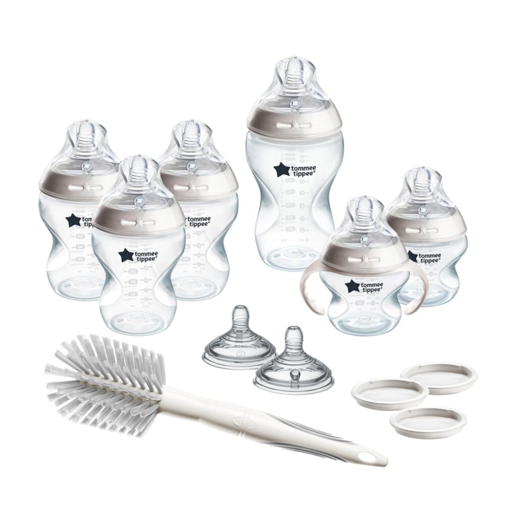 Tommee Tippee Natural Start 12 Piece BPA Free Bottle Set, Includes 2 x 5 oz, 3 x 9 oz, 1 x 11 oz Bottles, Newborn 0+ Months, Slow, Medium & Thicker Flow Breast-Like Nipples, Cleaning Brush, Clear