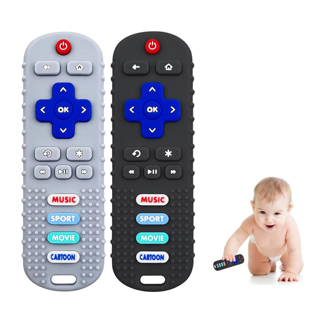 2-Pack Baby Remote Control Teether Toy for Babies 6-36 Months Silicone Infant Teething Toys Boys Girls Infants Teething Toys (Black + Gray)