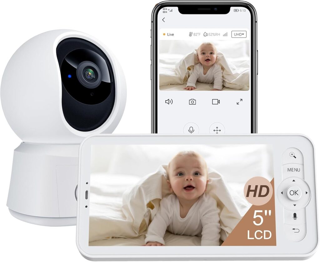 ARENTI WiFi Baby Camera Monitor B2 Kit 2025 Upgraded, 5-inch Wireless Display, Smartphone App, Encrypted Connection, Lullaby, Super Night Vision, Auto Tracking, Temp Sensor, Support Local Storage