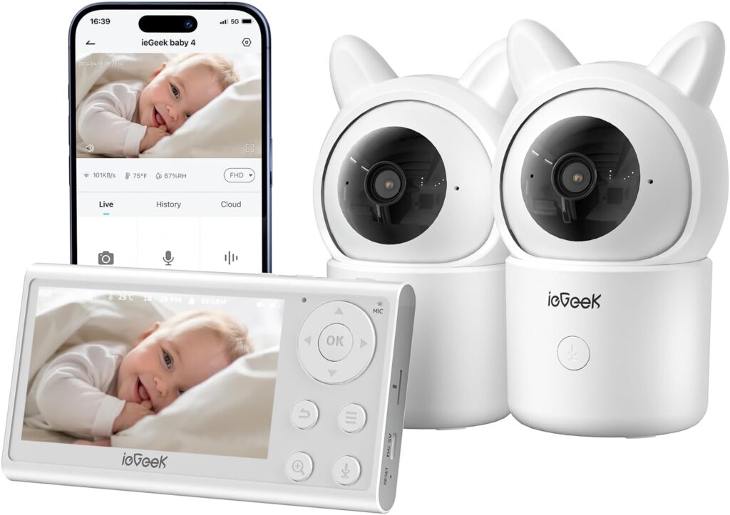 ieGeek 1080P Baby Monitor with 2 Cameras | 4.3″ Split-View for Twins Nursery | Night Vision, Sound & Motion Alerts, 2-Way Talk, Pan-Tilt-Zoom | Secure Local Monitoring with Free App, No Monthly Fee
