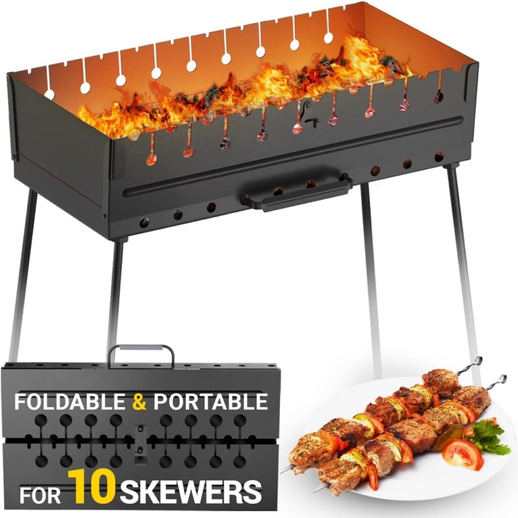 Charcoal Grill for 10 Skewers – Portable Barbecue Kabob Camp Grills – Foldable Metal Mangal – Kebab Shish BBQ for EDC Picnic Outdoor Cooking Camping Hiking NB10