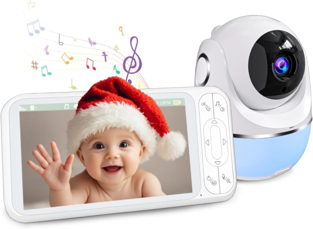 1080P 5” Baby Monitor with 32 Hours 5000mAh Battery, Pan Tilt 4X Zoom Video Baby Monitor with Camera and Audio, Night Vision, VOX, 2-Way Talk, 8 Lullabies,1200ft Range No WiFi