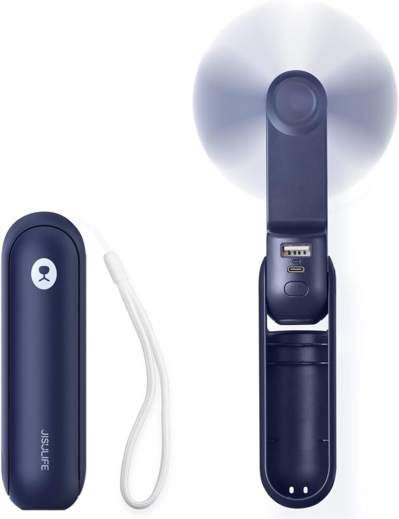 JISULIFE Portable Handheld Fan, Mini 3 In 1 with Rechargeable Battery, Personal Pocket Fan for Travel, Outdoor, USB Power Bank, Flashlight, Essential Ideal Gifts for Summer/Concert/Vacation – Blue