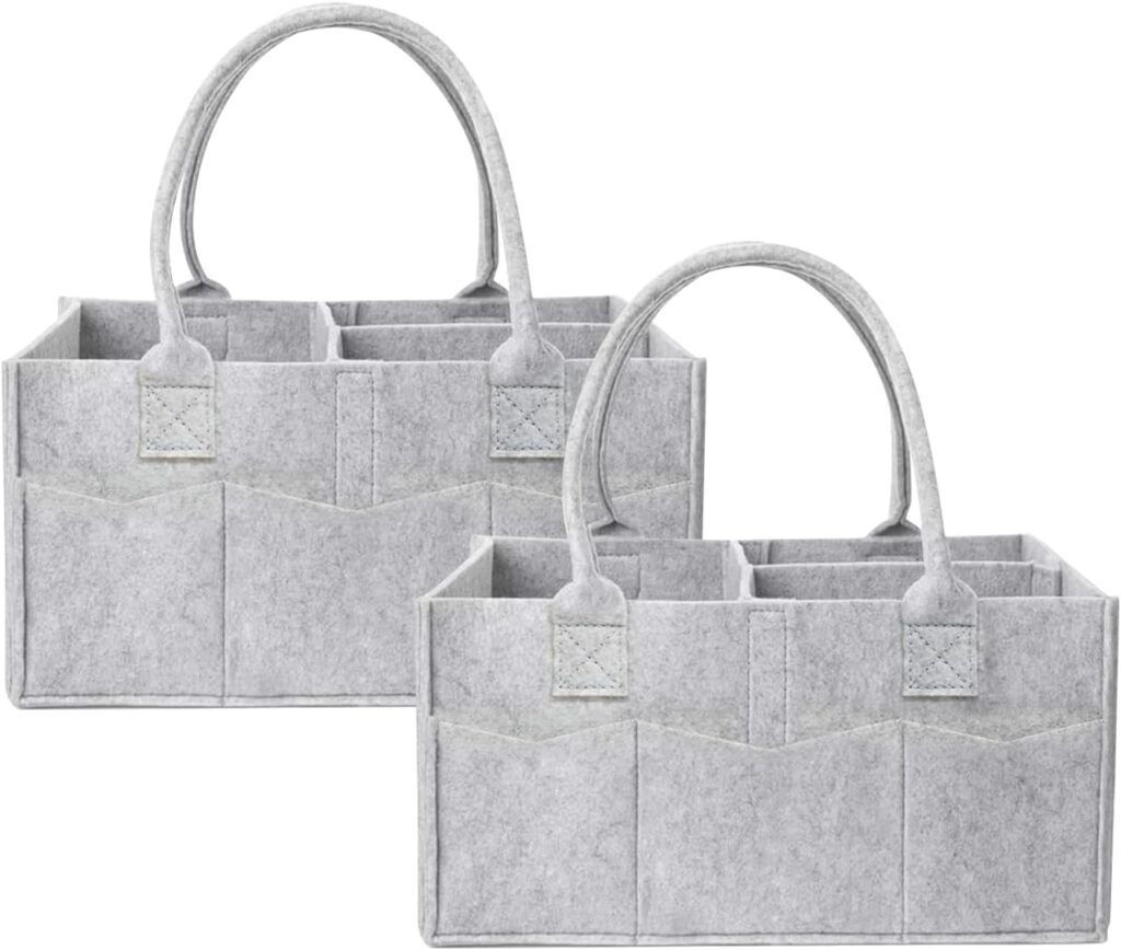 2 Pack Baby Diaper Organizer Bags, Portable Diaper Storage with Dividers, Foldable Nursery Storage Baskets, Newborn Essentials, Baby Shower Gifts (Gray)