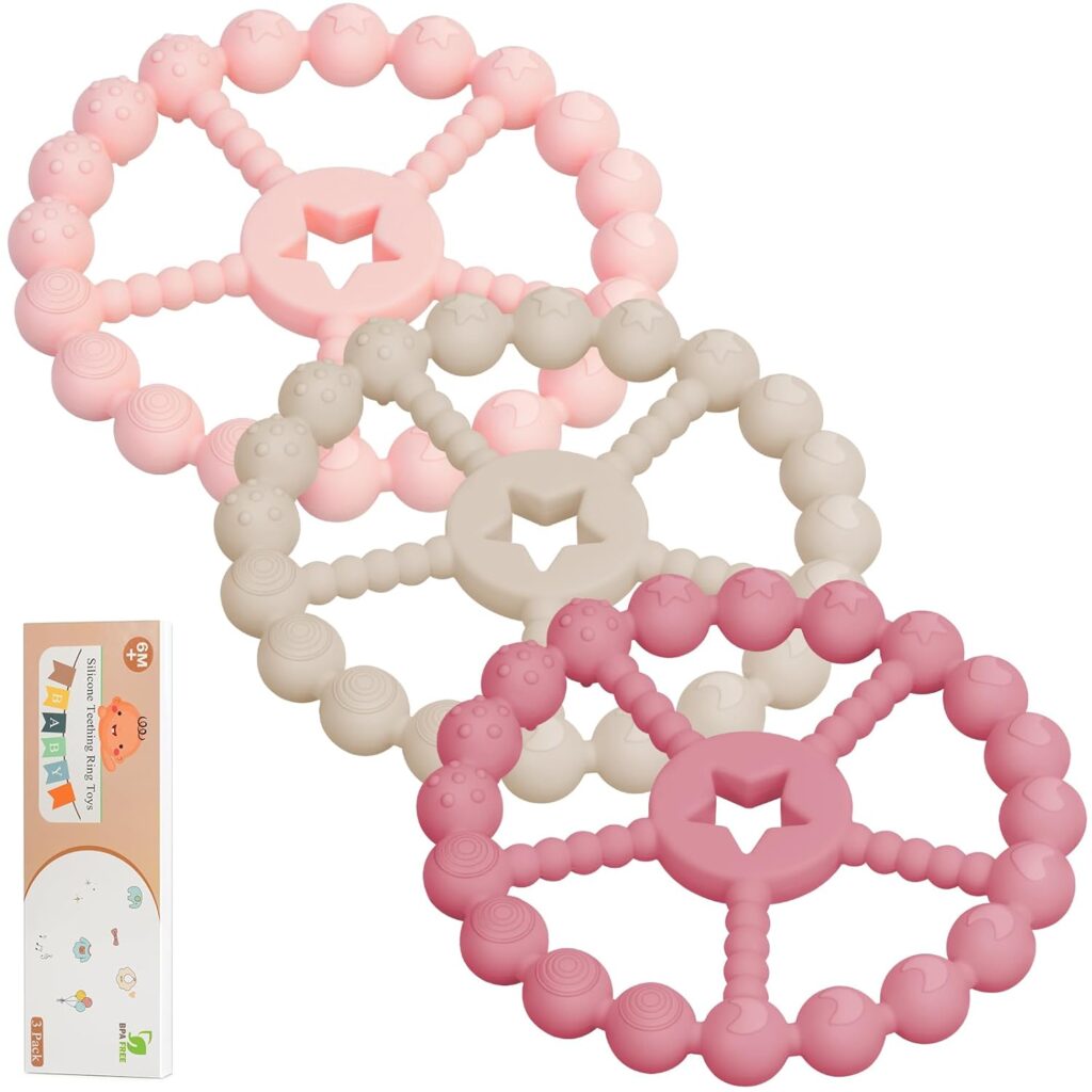 Baby Teething Toys 0-12 Months – Loviomad Ring Teether Baby Toys, Newborn Infant Essentials, Food Grade Silicone Teething Toys for Babies 6-12 Months, Shower Gifts Teething Relief (Girl/Boy)