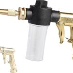 Garden Hose Nozzle Sprayer with 3.5oz Plastic Soap Dispenser Bottle, Heavy Duty High Pressure Car Wash Foam Gun, Adjustable Nozzle for Gardening, Solar Panel Cleaning, Pet Showering (Brass)