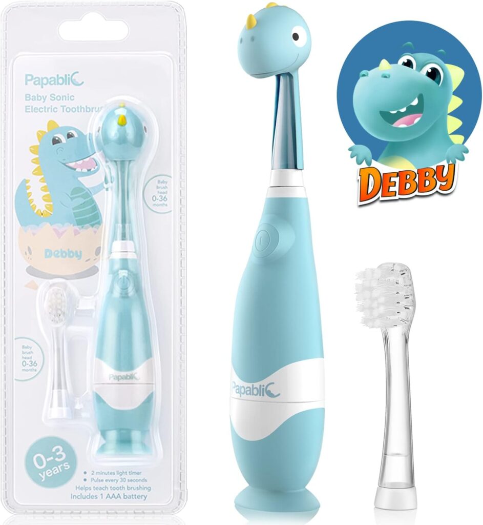 Papablic Toddler Sonic Electric Toothbrush Kids for Ages 1-3 Years, Baby Electric Toothbrush with Cute Dino Cover and Smart LED Timer, 2 Brush Heads (Debby)