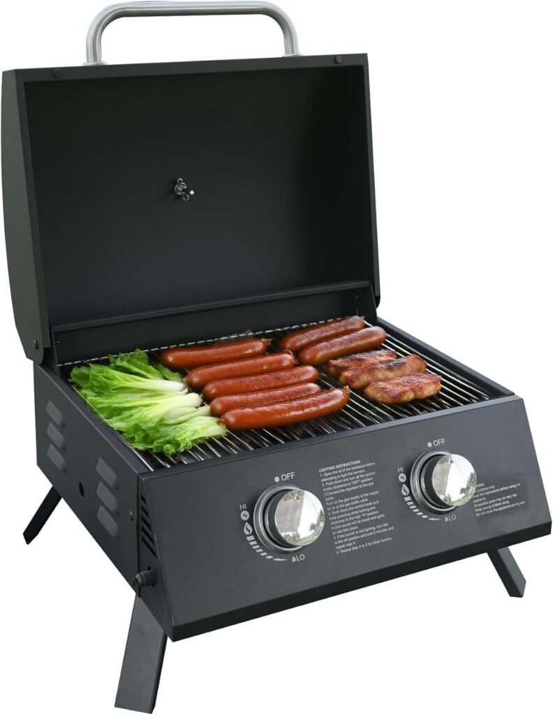 Table Top Grill Propane. Portable Propane Small Gas Grill With Dual Burners, Twist-Start Ignition, Small Grill Outdoor Perfect For Camping, Tailgating, And Grilling, With Easy Installation.