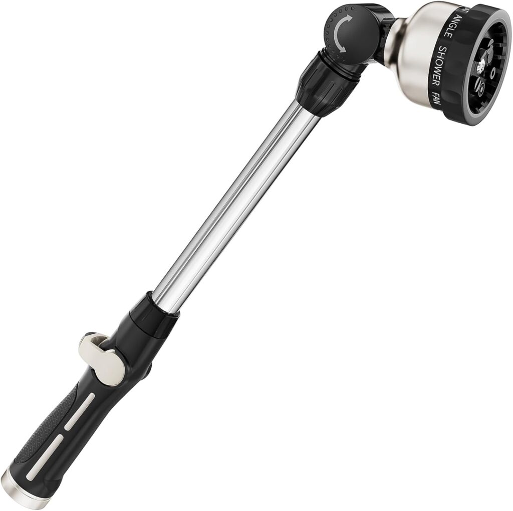 FANHAO Metal Garden Hose Wand, 16-Inch Heavy Duty Watering Wand with 9 Spray Patterns, 180° Rotating Long Garden Hose Nozzle Thumb Flow Control, Ideal to Water Hanging Baskets and Shrubs -Black