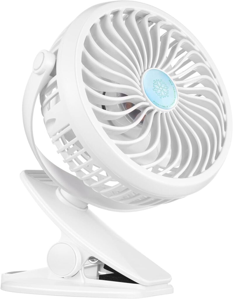 Portable Clip on Fan, Clip Stroller Fan, USB Rechargeable Personal Mini 360° Rotate Cooling Table Fan for Home Office Car Seat Crib Stroller Camping