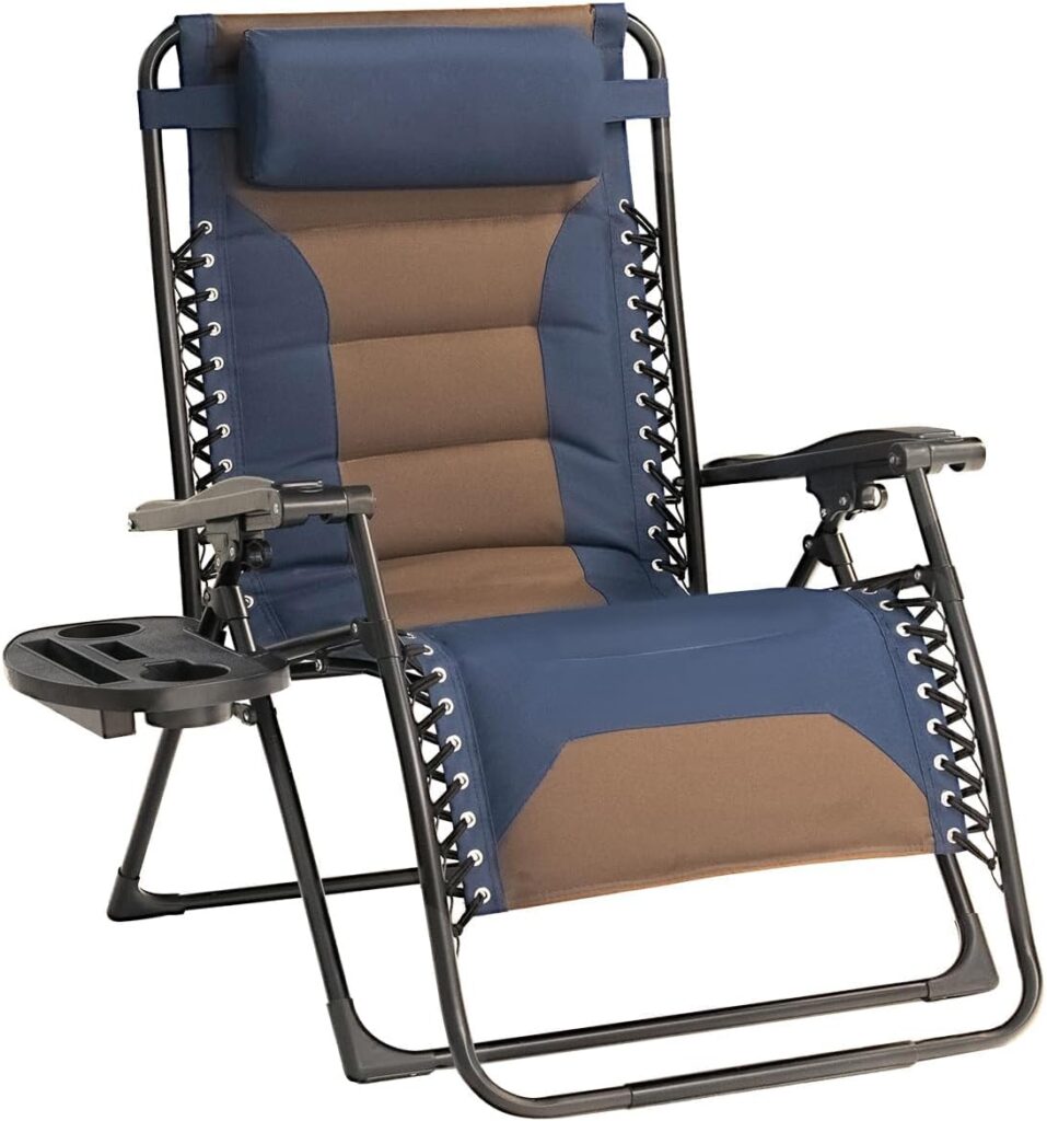 Zero Gravity Chair Oversized Padded Recliner with Adjustable Headrest & Cup Holder – 600D Oxford Folding Lounge Chair for Outdoor Camping, Patio, Poolside (Brown & Blue)
