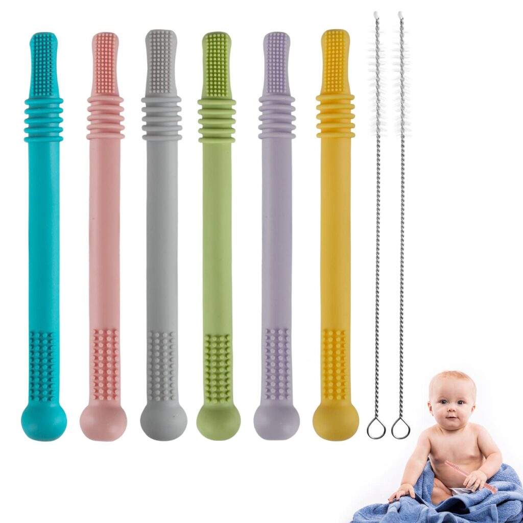 Hollow Teether Tubes, 6 Pack Chew Straw Toy for Infant Toddlers Silicone Teething Toys for Babies, 0-6 Months 6-12 Months BPA Free/Freezable/Dishwasher and Refrigerator Safe