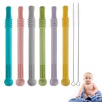 Hollow Teether Tubes, 6 Pack Chew Straw Toy for Infant Toddlers Silicone Teething Toys for Babies, 0-6 Months 6-12 Months BPA Free/Freezable/Dishwasher and Refrigerator Safe