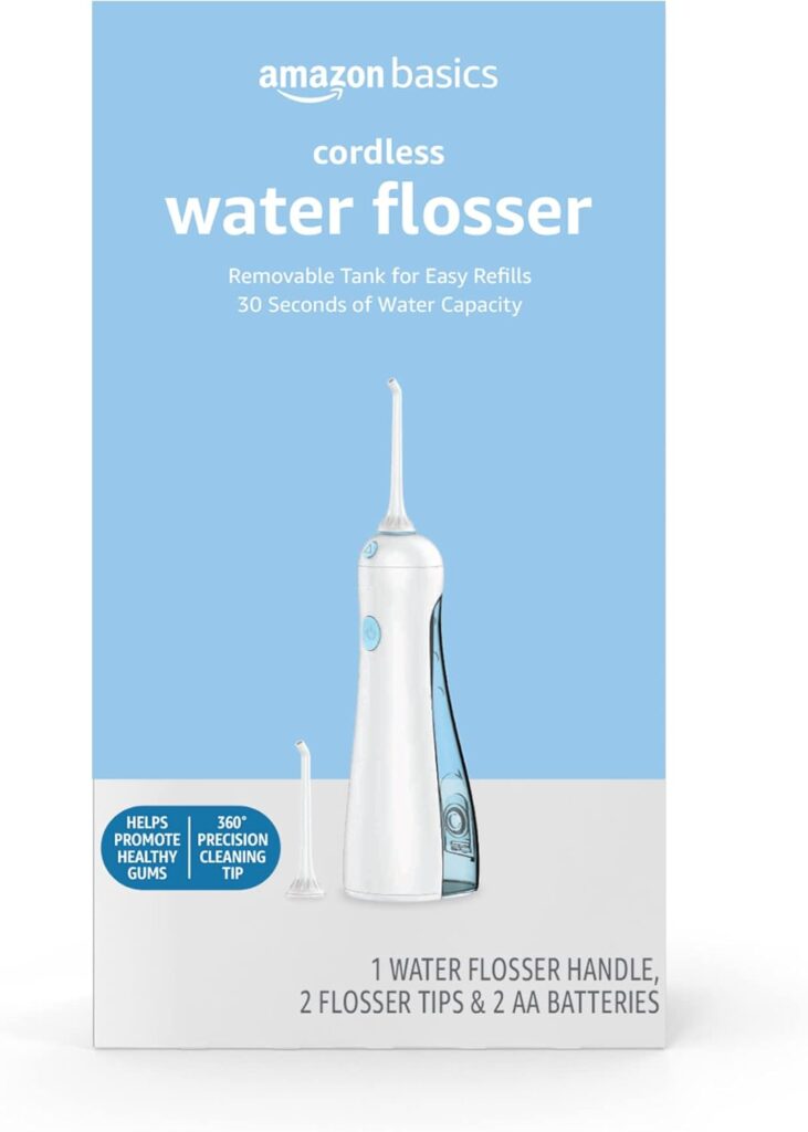 Amazon Basics HydroClean Cordless Water Flosser, 1 Water Flosser Handle, 2 Flosser Tips, 2 AA batteries included