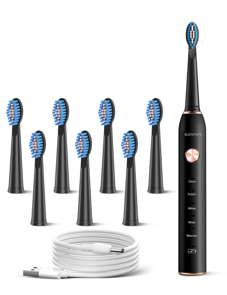 Teeth & Gums Care Electric Toothbrush, IPX7 Waterproof Sonicare 38000VPM, Fast Charge Long Last with Intelligent Time Reminder 5 Optional Modes Dupont Brush Heads, Travel, Indoor, Outdoor, Black