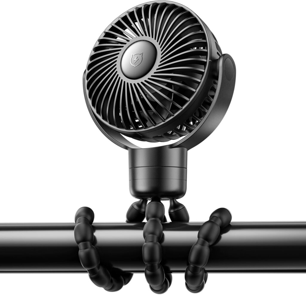 SMARTDEVIL Stroller Fan, 4000mAh Battery Operated Baby Fan with Buckle, 4 Speeds Car Seat with Flexible Tripod, Dual 360° Rotatable