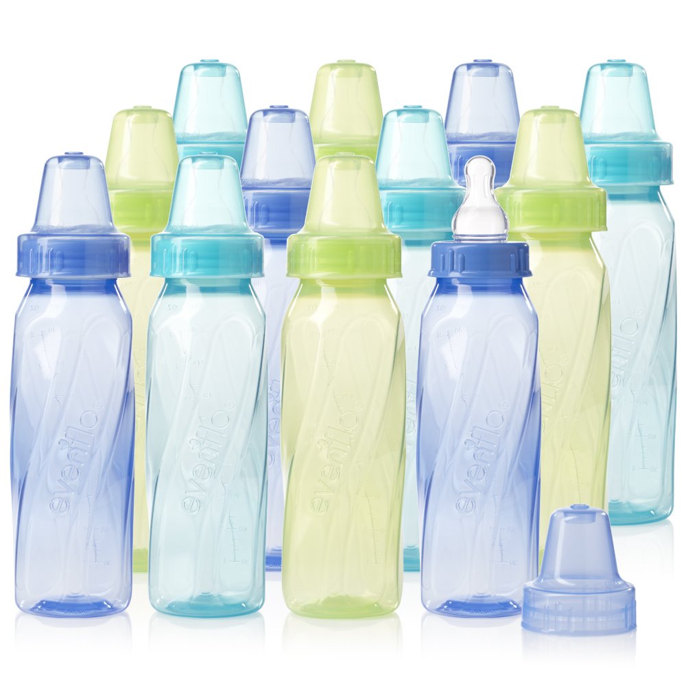 Evenflo Feeding Classic Tinted Plastic Standard Neck Bottles for Baby, Infant and Newborn – Teal/Green/Blue, 8 Ounce (Pack of 12)