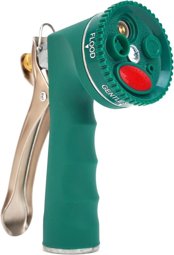 Garden Hose Nozzle, Heavy Duty Metal Spray Nozzle with Tie Rods Made of Brass, High Pressure Hose Nozzle with Non-Slip Grip Handle for Watering Garden, Washing Cars and Showering Pets (Green)