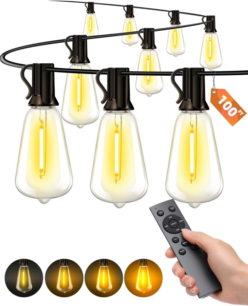 Outdoor Patio String Lights: 100Ft 30M Outside Waterproof Light – Remote Dimmable ST38 Shatterproof Bulb Connectable Hanging Outdoor Electric Lighting – Backyard Yard Gazebo Porch Party