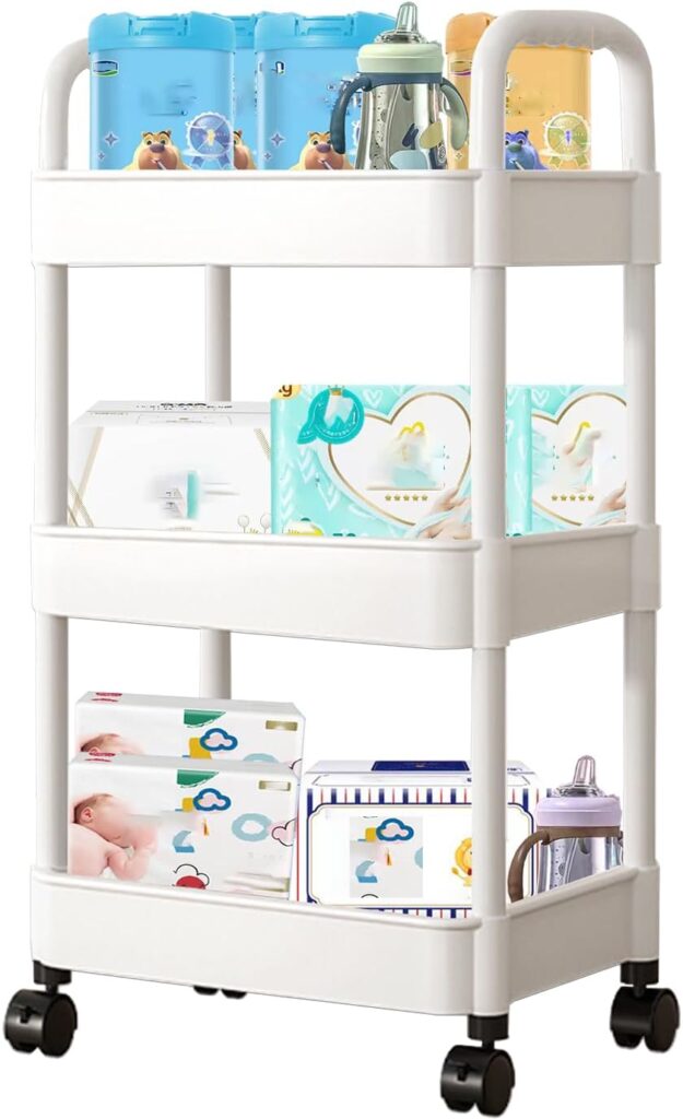 Baby Diaper Caddy, Plastic Movable Diaper Cart with Wheels Newborn Nursery Essentials Baby Diapers Organizer for Changing Table & Crib, Easy to Assemble, White