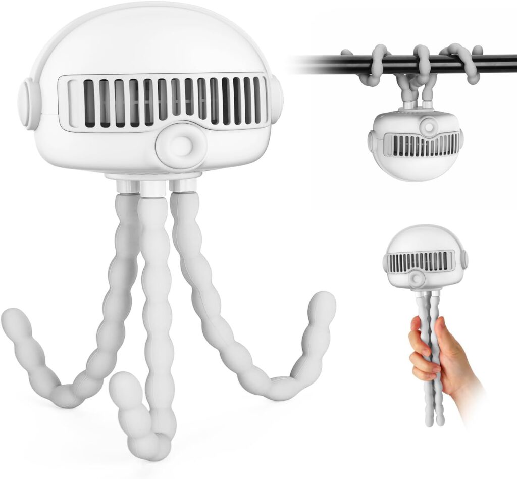 4000mAh Portable Baby Stroller Fan – 3-Speed, Low Noise, with Safety Net, Multifunctional for Stroller, Crib, Car, Desktop & Camping…… (White)