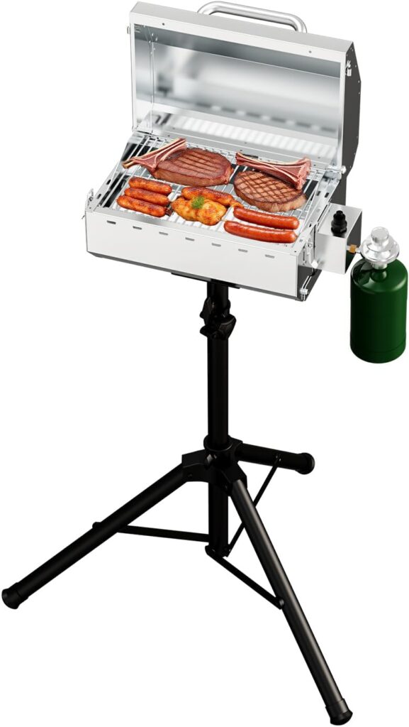 Portable Gas Grillwith Foldable Tripod，10,000 BTU Burner Stainless Steel Propane Grill,BBQ Gas Grill for Camping,Tailgating, Backyard ，Picnic (32.2″-37.5″ Height Adjustable)