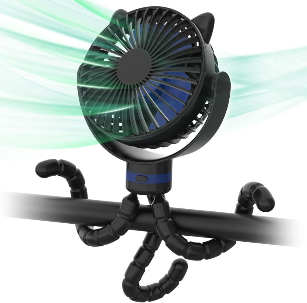 Rechargeable Portable Stroller Fan – Clip on Baby Fan 4000mAh Battery Operated with 4 Speeds, Detachable and 720° Rotatable Flexible Tripod Cooling Fan for Carseat/Crib/Treadmill (New Black)