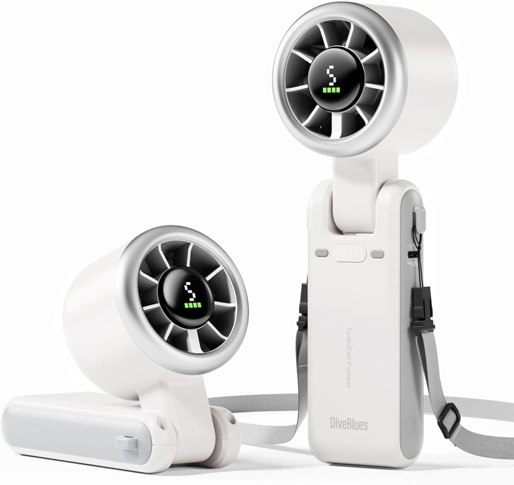 Diveblues Portable Handheld Turbo Fan, 5 Gear Wind, Battery Operated, Up to 12 Working Hours, 3 IN 1 Hand Fan with Air Turbo Tech Cooling Fan for Outdoor Activities, Travel, Working, Silvery white