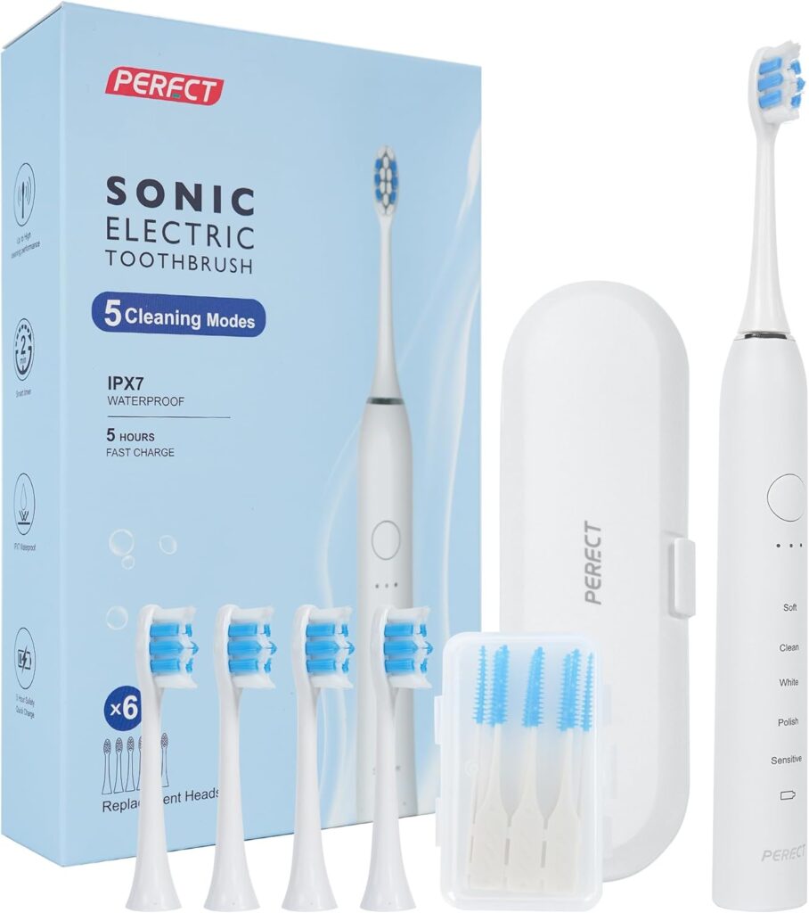 PERECT Sonic Electric Toothbrush for Adults & Kids with 6 Brush Heads, 1 Charge for 90 Days, IPX7 Waterproof, 5 Modes with 2 Minutes Smart Timer, Travel Case & Dental Soft Picks, White,Adult