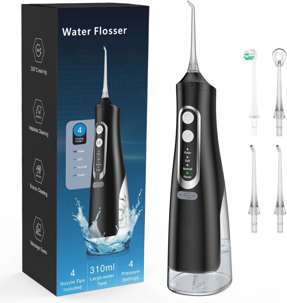 Water Flosser for Teeth Cleaning 4 Modes Rechargeable Oral Irrigator 4 Tips Powerful Battery Life Water Dental Picks IPX7 Waterproof 310ML Water Tank (Black)