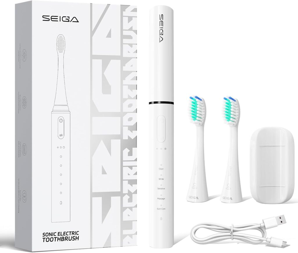 SEIGA Sonic Electric Toothbrush for Adults,5 Cleaning Modes & 3 Intensities,Rechargeable Smart Toothbrush with 2 Brush Heads,Built-in 2 Min Smart Timer,IPX7 Waterproof,One Charge for 60 Days