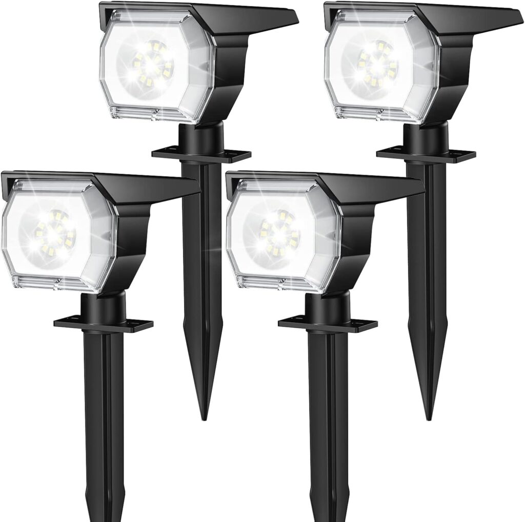 EIUIO Solar Outdoor Lights, 3 Lighting Modes Solar Spot Lights Outdoor with Auto On/Off, Waterproof Landscape Lighting for Garden Yard Pathway, 4 Pack(Cool White)