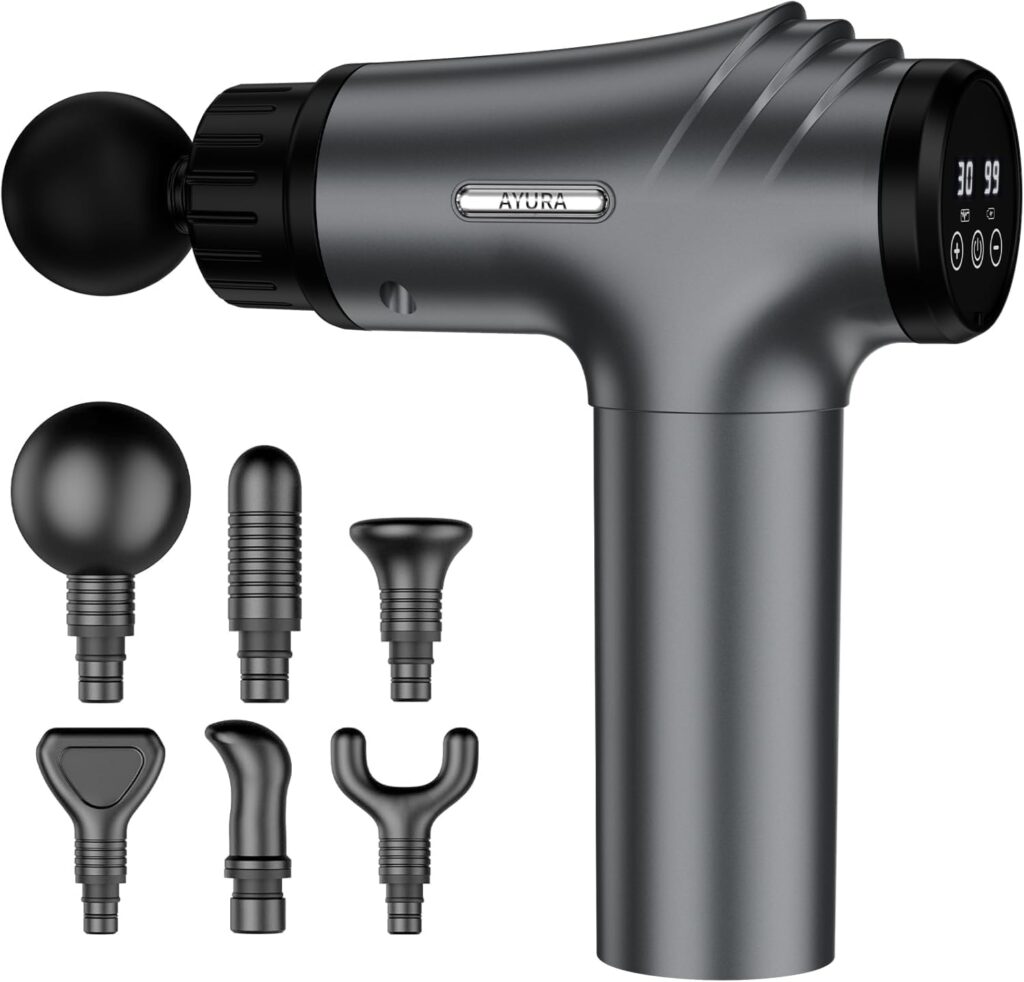 AYURA Massage Gun, Deep Tissue Percussion Muscle Massager Gun, Handheld Back Massager for Pain Relief, Electric Massager with 30 Speeds and 6 Heads for Athletes Men Women
