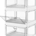 3-Pack Clear Stackable Storage Bins with Lids Magnetic Doors Open Front Foldable Folding Plastic Craft Containers Large Closet Organizers Box for Bedrooms Living Rooms Study Kids’ Toys 24 QT