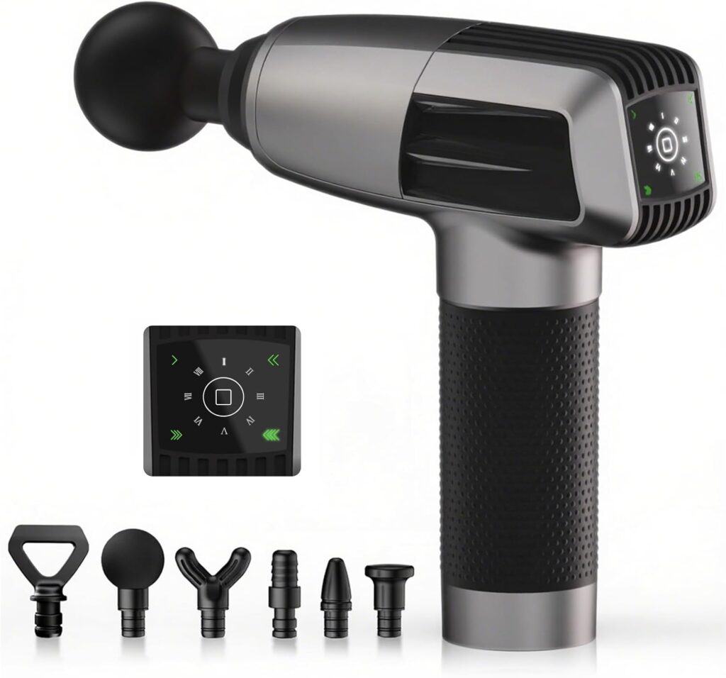 Massage Gun Deep Tissue,Birthday Gifts for Men Women,Gifts for Boyfriend Girlfriend – Neck Back Massager for Pain Relief Deep Tissue with 6 Heads & 8 Speeds(Grey)