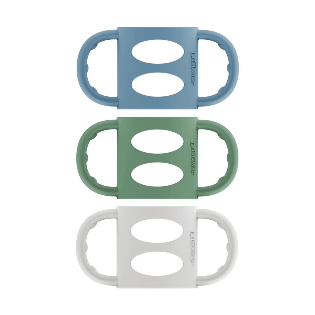 Dr. Brown’s Narrow Baby Bottle Handles, 100% Silicone, Easy Grip Removable Handles for Bottle to Sippy Cup Transition, Blue/Gray/Green, 3-Pack, 4m+