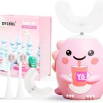 Kids U Shaped Electric Toothbrush with 4 Brush Heads, Sonic Toothbrush Kids with 5 Modes, Cartoon Dinosaur 360-Degree Cleaning IPX7 Waterproof Design (2-6 Age (Pink))